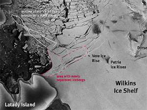 Вид на разрушающийся ледник Уилкинса со спутника. Красным показана зона самых &quot;свежих&quot; отделившихся льдин. Фото ESA