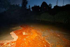 Вещество ядовито-желтого цвета с едким запахом сбросили в реку Славянка. Фото представлено Гринпис