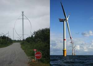 Слева — ветровая турбина с вертикальной осью вращения, справа — обычная. (Фото Spiritrock4u.)
