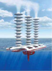 Схематическая модель автоматического корабля с удалённым управлением, получающего энергию от ветра, генерирующего искусственный облачный слой.  Фото с сайта www.sciencedaily.com