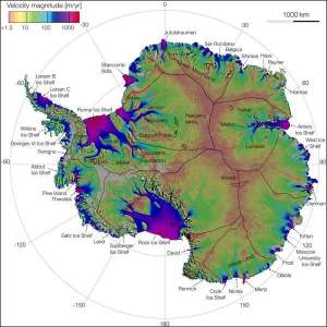 Скорость ледников Антарктики на основании спутниковых данных (изображение NASA / JPL-Caltech / UCI).