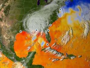 На картинке представлена температурная карта океана и карта облачного покрытие на момент прихода в Новый Орлеан урагана «Катрина» в 2005 году. Красно-оранжевым цветом отмечены области, температура воды в которых превышает 28 градусов Цельсия. Фото с сайта http://sciencedaily.com