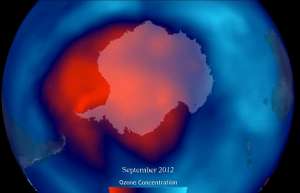 Озоновая дыра над Антарктикой в сентябре 2012 года (Изображение NOAA). 