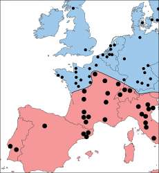 Ареалы мебельного (синий) и средиземноморского (красный) точильщика, установленные по итогам исследования.  