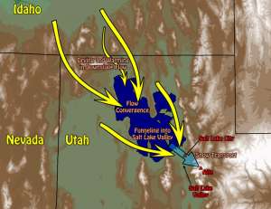 На карте показано перемещение воздушных масс в районе озера Юта. Фото: sciencedaily.com