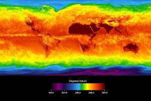 Температура планеты по данным инфракрасного датчика спутника Aqua (изображение AIRS Science Team, NASA / JPL).