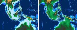 Индонезийский регион сейчас (слева) и на протяжении последнего ледникового периода, когда Зондский шельф был обнажен (справа). (Фото: Pedro DiNezio, University of Hawaii) 