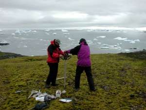 Исследователи достают оледеневшие образцы почвы из глубин антарктического острова. (Фото Peter Boelen / British Antarctic Survey.)
