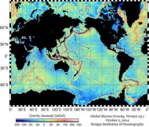 Гравитационная карта Мирового океана. (Scripps Institution of Oceanography.)