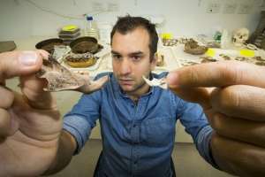 Луйс держит в руках челюстные кости гигантских крыс. Фото: Stuart Hay, ANU