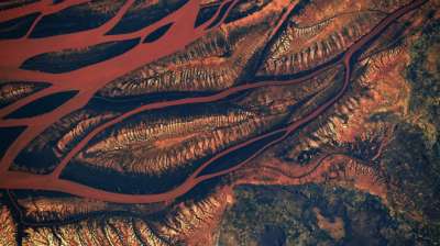 Поразительный результат потери, заснятый Арнольдом, — экстремальная эрозия окрашенной красным земли в реках Мадагаскара. Из-за истребления лесов страны землю голую землю стабилизируют лишь несколько деревьев. © NASA