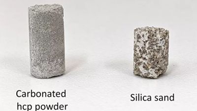 Два образца бетона из карбоната кальция: слева - с использованием затвердевшего цементного порошка, справа - с кварцевым песком. Оба варианта получены из строительных отходов. Иллюстрация: Maruyama et al., 2021