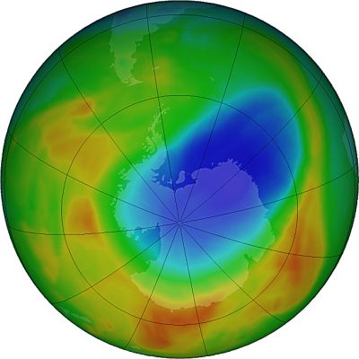 Озоновая дыра над Антарктикой по состоянию на конец октября 2019 года. Иллюстрация: NASA OZONE WATCH.