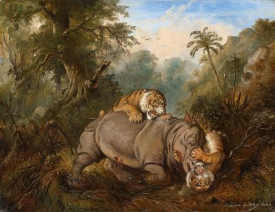 Изображение с сайта commons.wikimedia.org. Раден Салех, «Схватка между яванским носорогом и двумя тиграми», 1840 год.