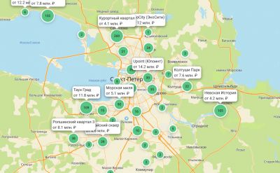 Поис по карте может упростить поиск нужного жилья. Скриншот с сайта spb.etagi.com.