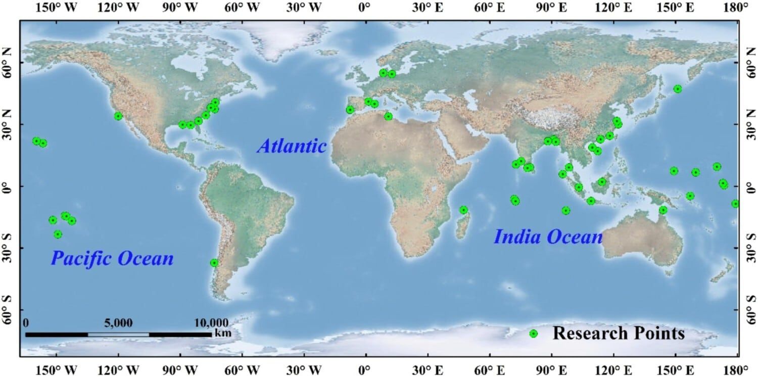 Пространственное распределение исследованных островов в изученной учеными литературе. Иллюстрация: International Journal of Digital Earth, Yuxin Zhang et al.