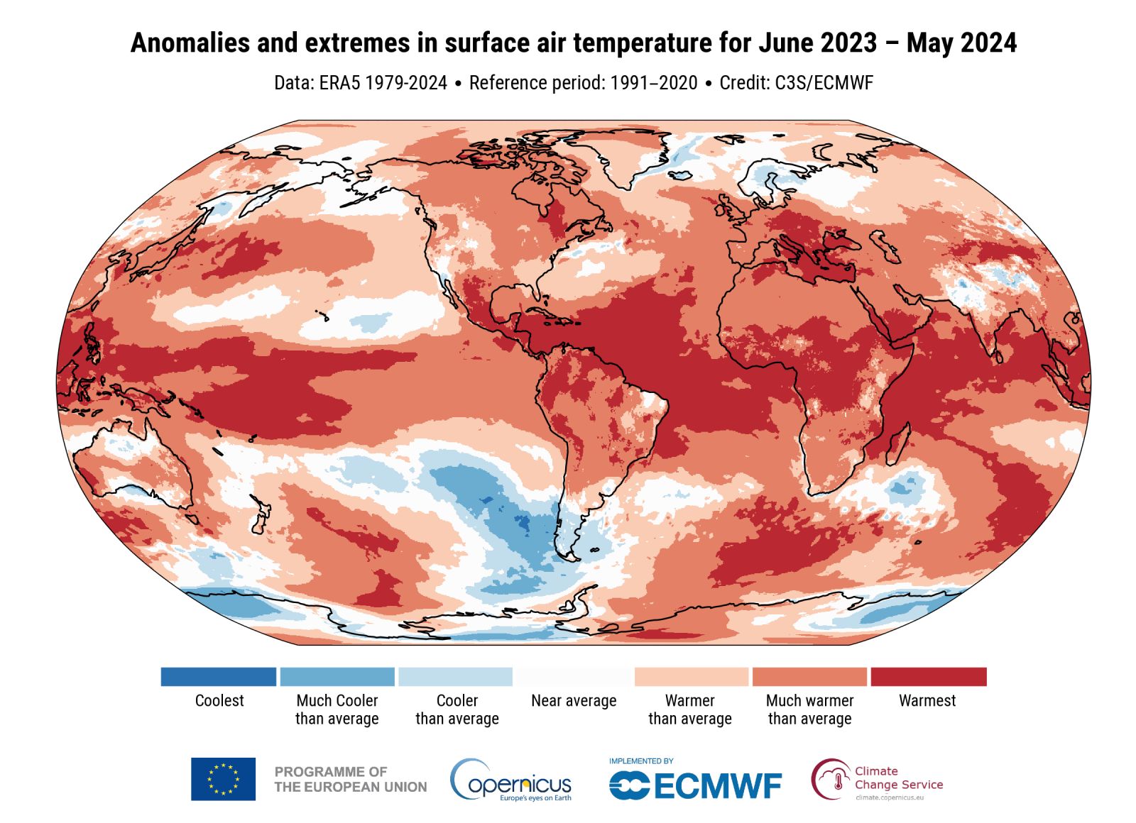Аномалии и экстремальные значения приземной температуры воздуха за 12-месячный период с июня 2023 г. по май 2024 г. Иллюстрация: Copernicus Climate Change Service/ECMWF.