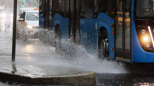 Автобус движется по проезжей части дороги во время дождя в центре Москвы. Фото: РИА Новости / Виталий Белоусов.