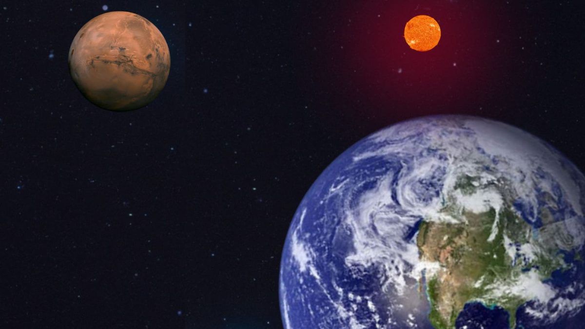 Марс, Земля и Солнце. Иллюстрация: Robert Lea/NASA