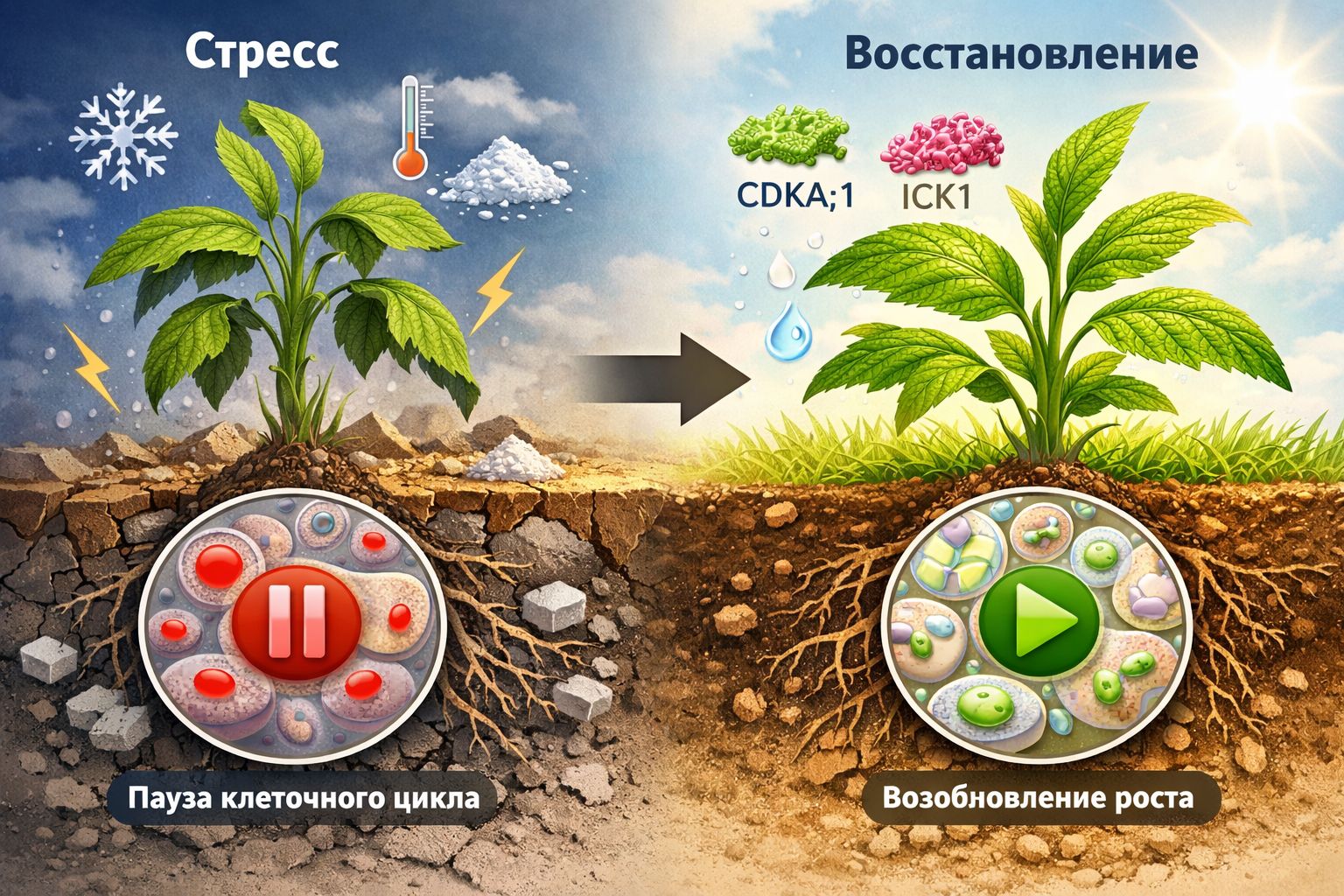 Управление клеточным циклом является основой устойчивости растений к факторам окружающей среды. Иллюстрация: ECOportal.su / ИИ