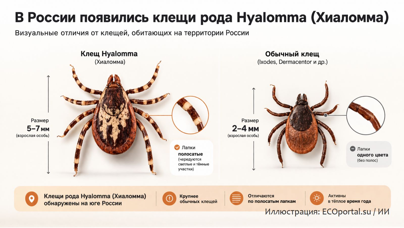 Визуальные отличия клещей. Иллюстрация: ECOportal.su / ИИ