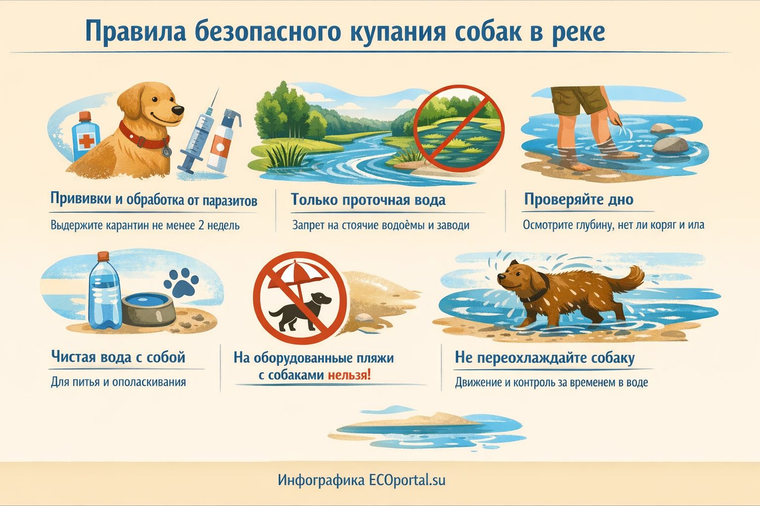 Правила безопасного купания собак в реке. Иллюстрация: ECOportal.su