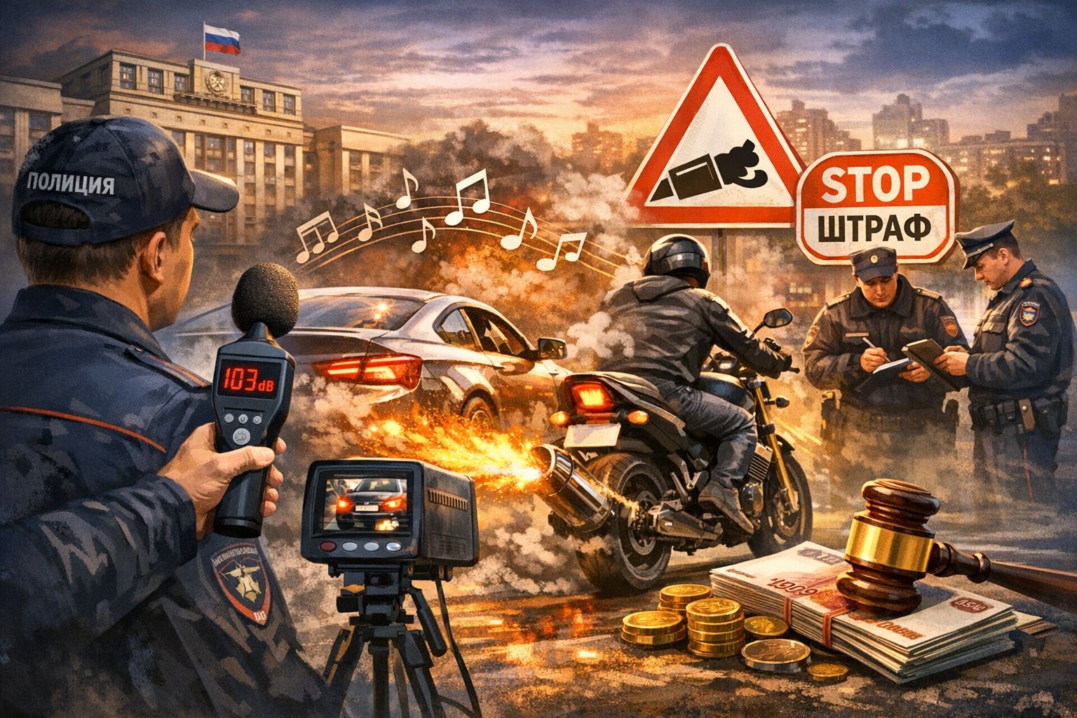 Законодатели предлагают в 5 раз увеличить штрафы за шумные мотоциклы и автомобили, но Правительство уже дважды отклоняло подобные инициативы. Иллюстрация: ECOportal.su / ИИ