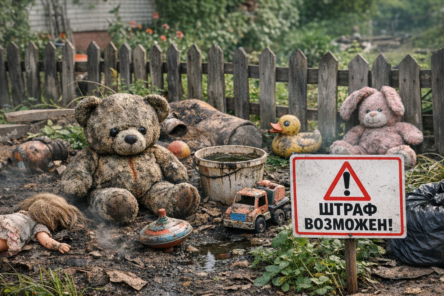Размещение старых игрушек на участке может обернуться административным штрафом, если они переходят в категорию отходов. Иллюстрация: ECOportal.su / ИИ