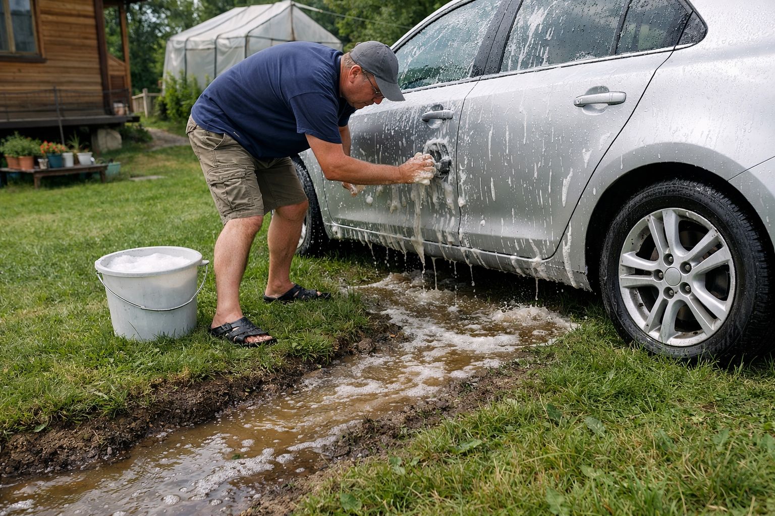 Даже на собственном участке вода после мойки автомобиля считается отходами с нефтепродуктами и химией. Иллюстрация: ECOportal.su / ИИ