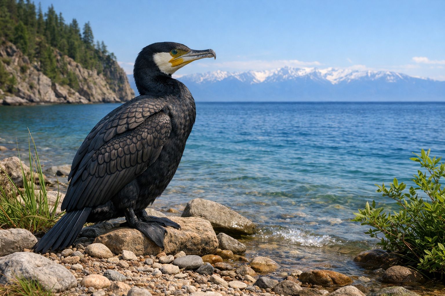 Баклан отдыхает у водоёма. Иллюстрация: ECOportal.su / ИИ
