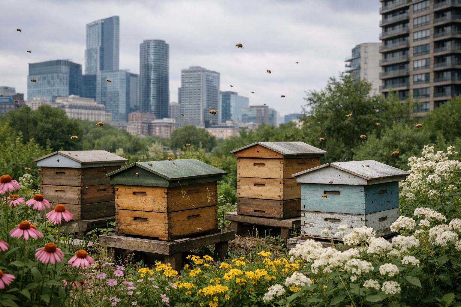 Зелёный уголок с ульями в сердце мегаполиса. Иллюстрация: ECOportal.su / ИИ