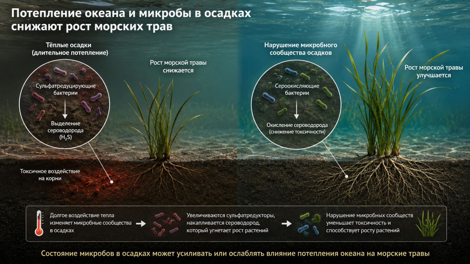 Схематическое изображение демонстрирует, как потепление океана через изменения микробных сообществ в донных осадках влияет на накопление сероводорода и, как следствие, на рост и состояние морских трав.