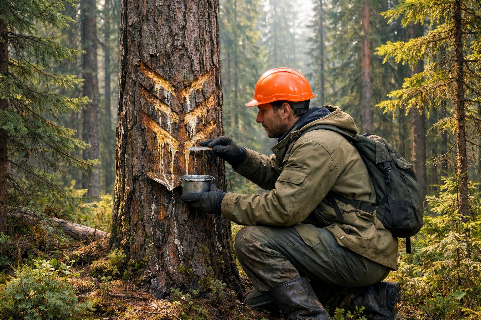 Сбор живицы в сибирской тайге.Иллюстрация: ECOportal.su / ИИ