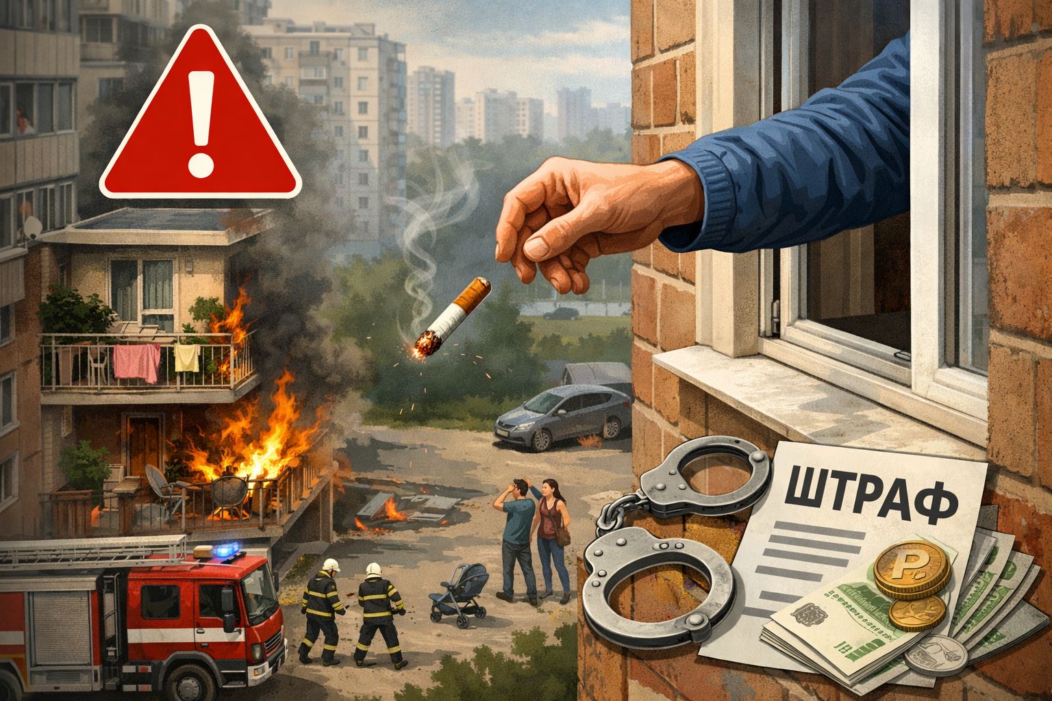 За выброшенный из окна окурок россиянам грозит штраф от 2 000 до 50 000 рублей, а при серьёзных последствиях — уголовная ответственность. Иллюстрация: ECOportal.su / ИИ