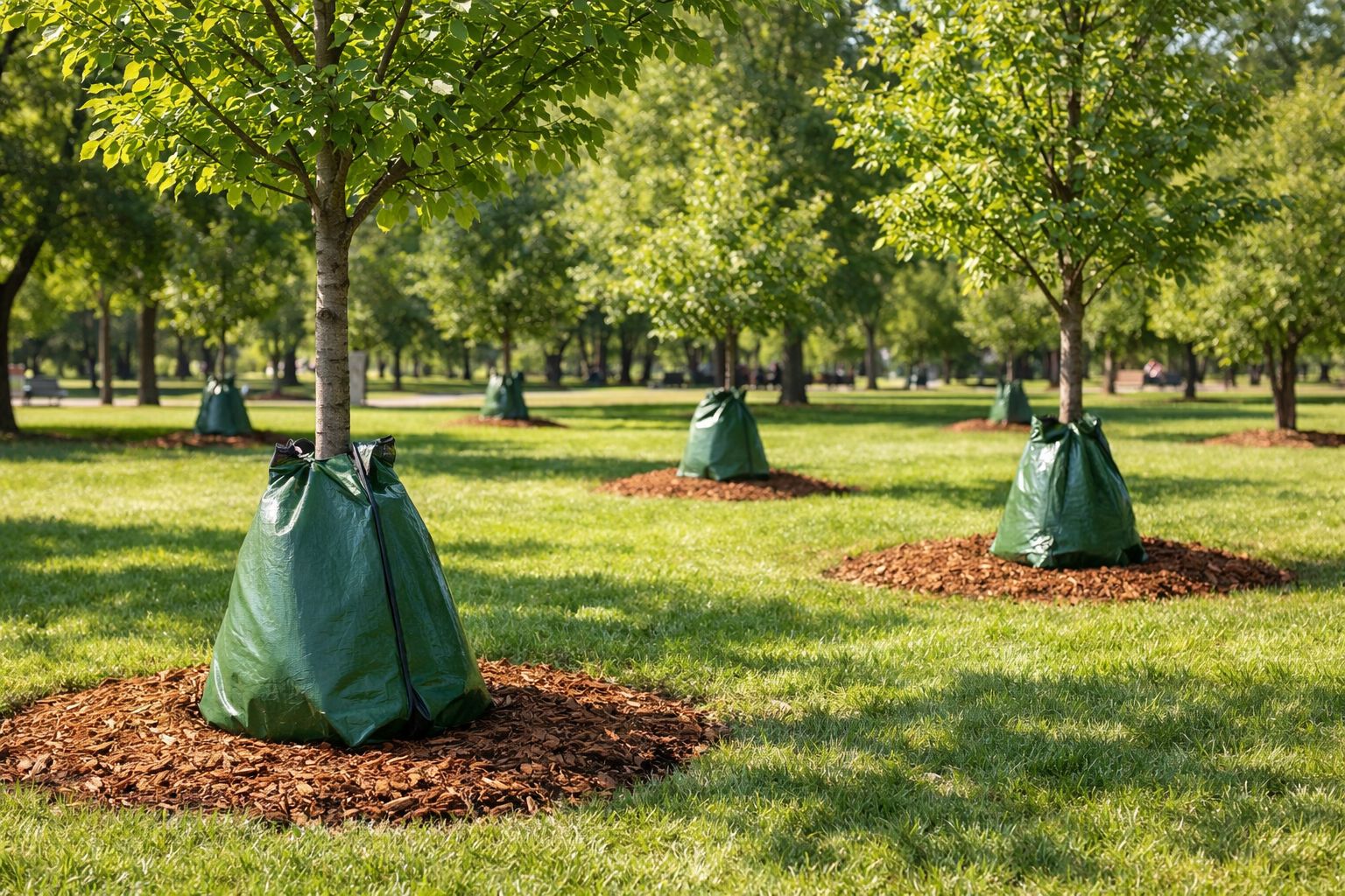 Ирригационные мешки у основания молодых деревьев. Иллюстрация: ECOportal.su / ИИ