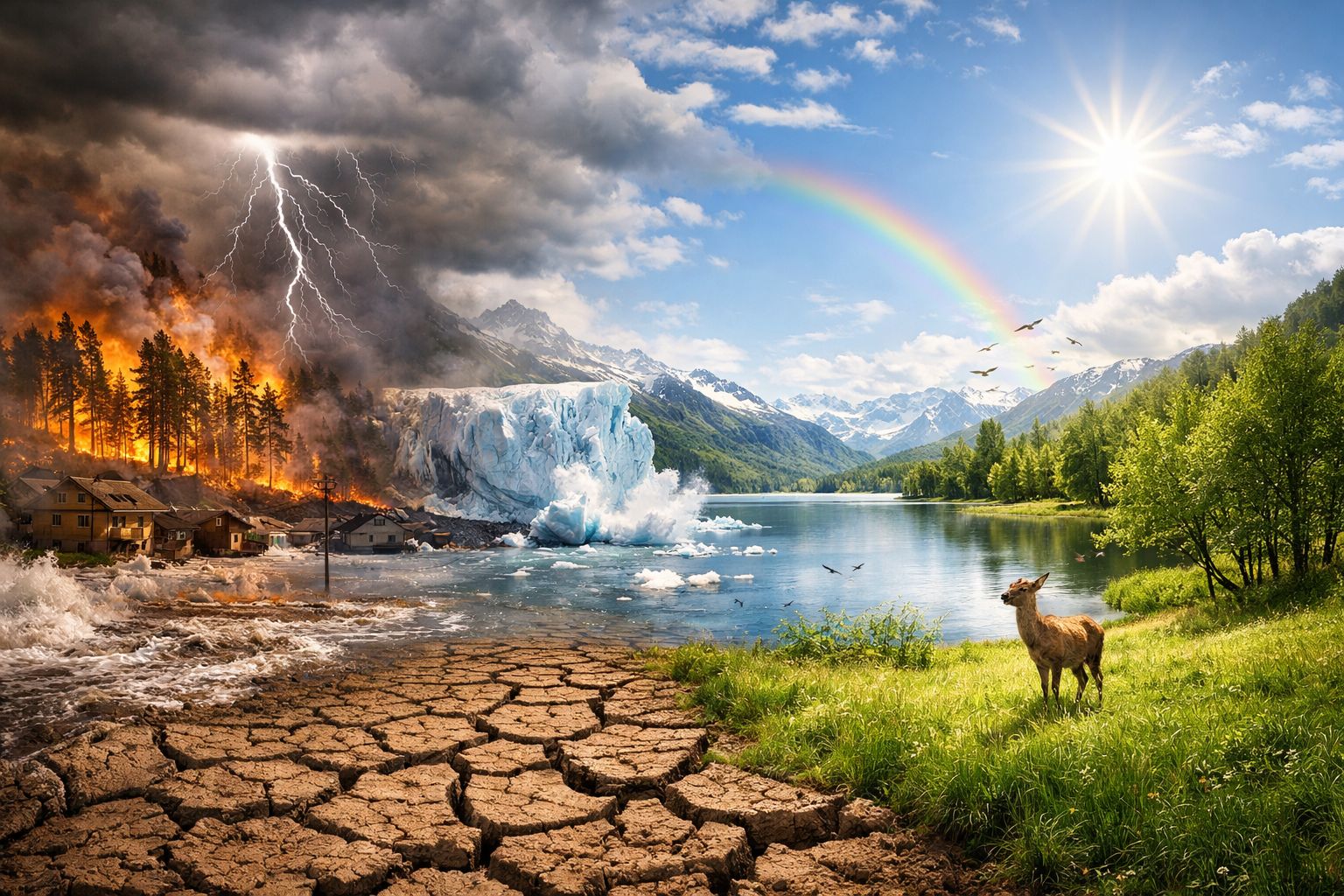 Контраст последствий климатических изменений. Иллюстрация: ECOportal.su / ИИ