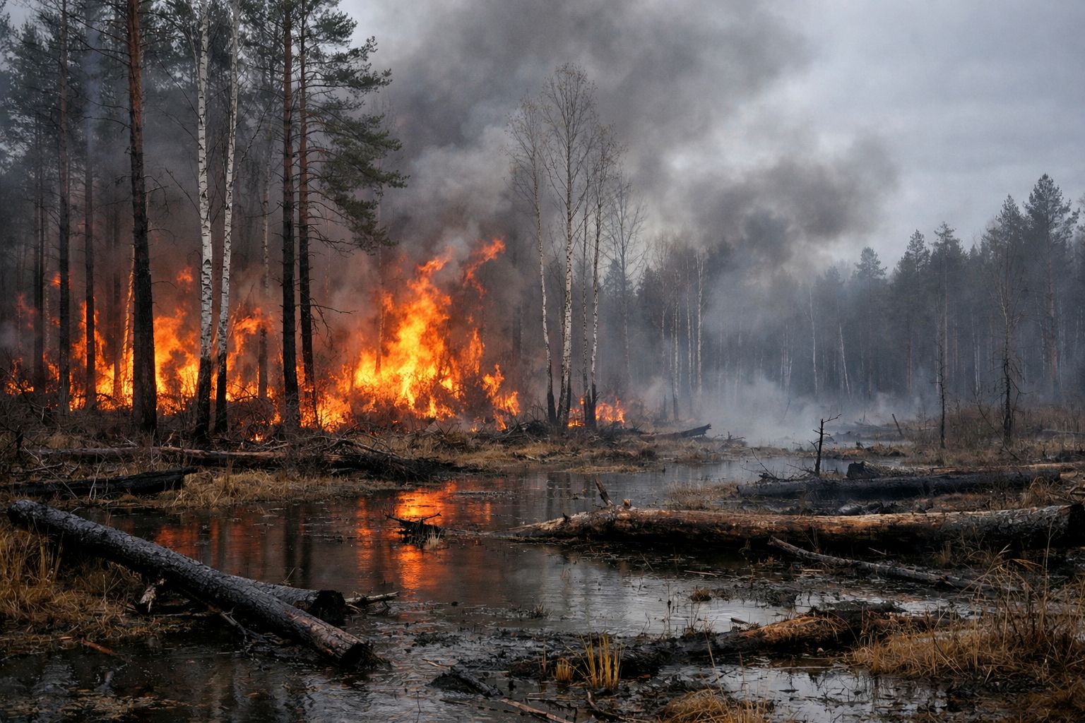 Пожар в лесной местности на закрытой территории.Иллюстрация: ECOportal.su / ИИ