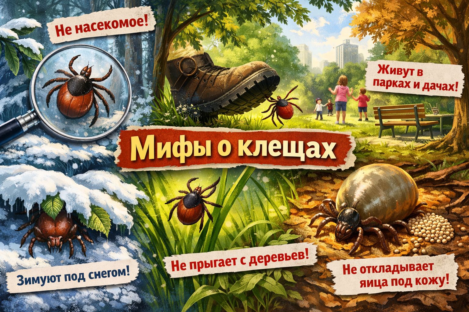 Пять мифов о клещах. Иллюстрация: ECOportal.su / ИИ