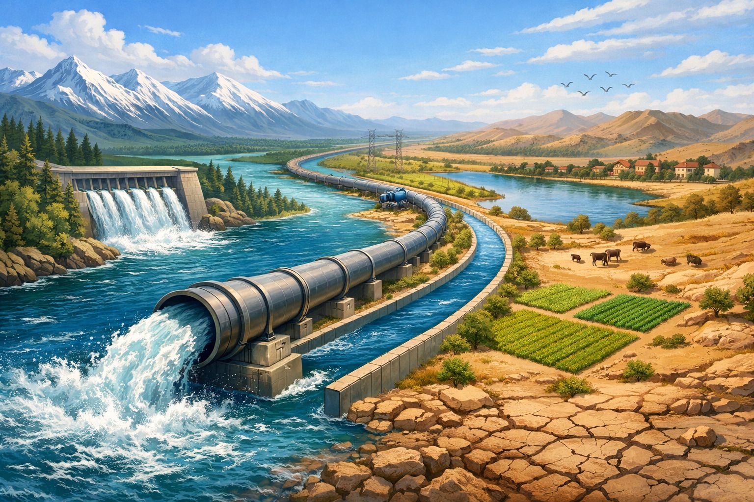 Дефицит воды хотят решить переброской речного стока. Иллюстрация: ECOportal.su / ИИ