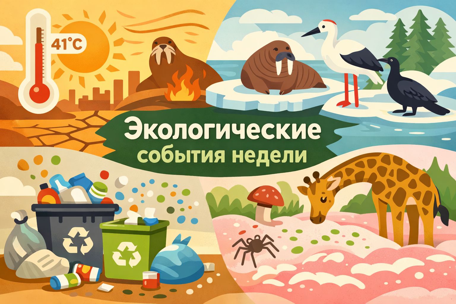 Климатические аномалии, охрана редких видов и исследования животных. Иллюстрация: ECOportal.su / ИИ
