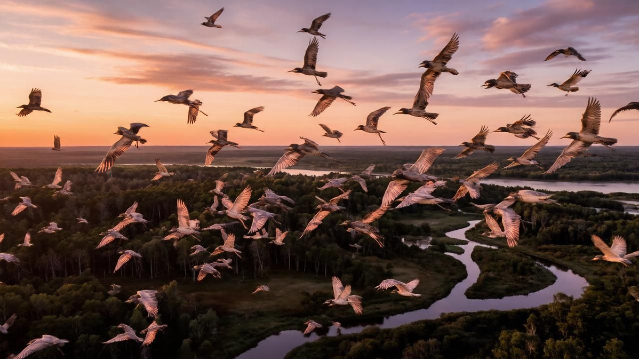Птицы в небе во время сезонного перемещения. Иллюстрация: ECOportal.su / ИИ