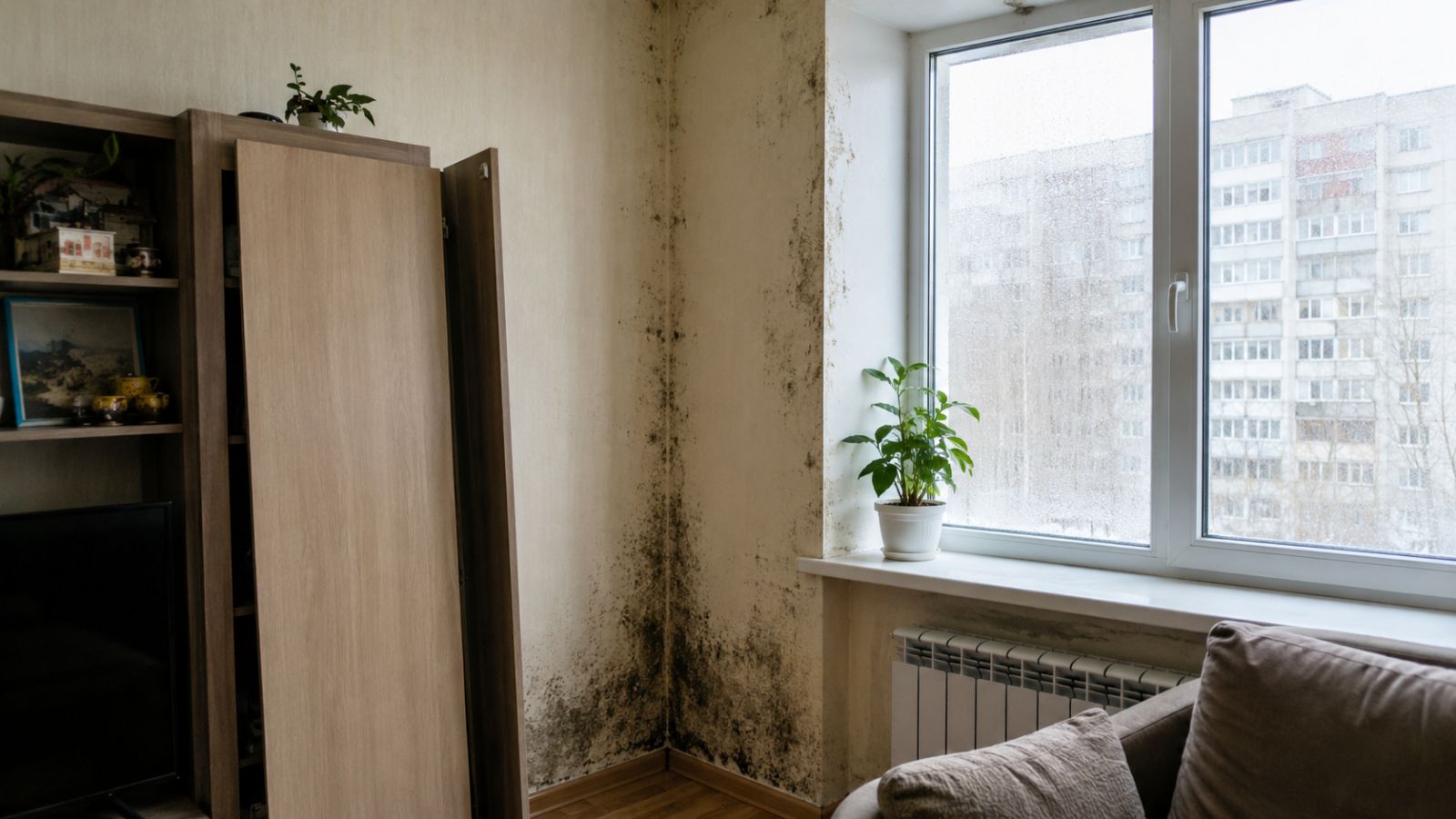 Плесень на стене в углу квартиры возле окна. Фото: sanepidemcenter.ru