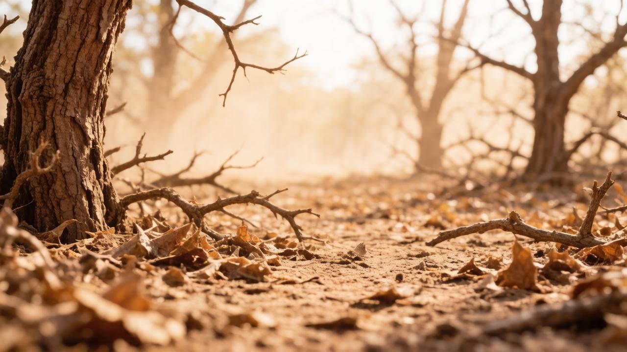 Поврежденный засухой лесной полог. Иллюстрация: ECOportal.su / ИИ