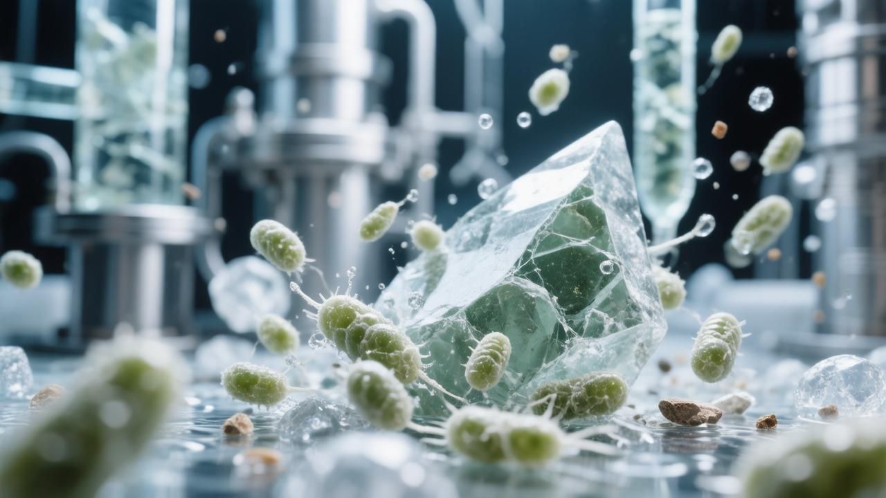 Генетически модифицированные морские бактерии ускоряют разрушение оливина в лабораторном реакторе. Иллюстрация: ECOportal.su / ИИ
