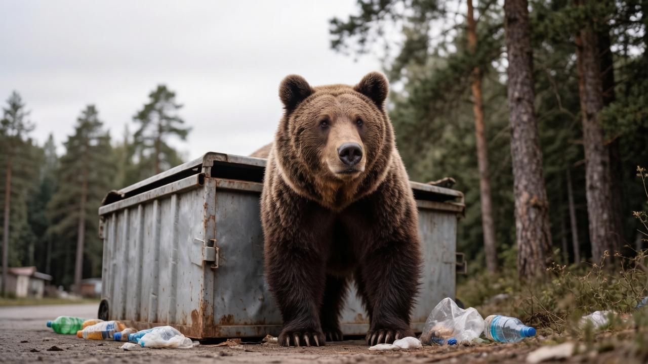 В поисках еды дикий медведь может приблизиться к человеческому жилью. Иллюстрация: ECOportal.su / ИИ