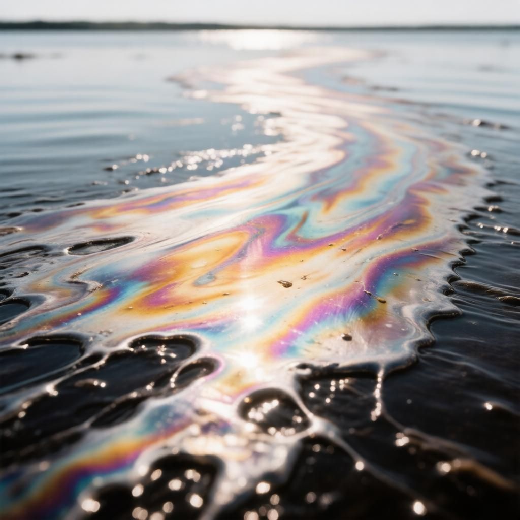 Нефтепродукт на поверхности воды. Иллюстрация: ECOportal.su / ИИ