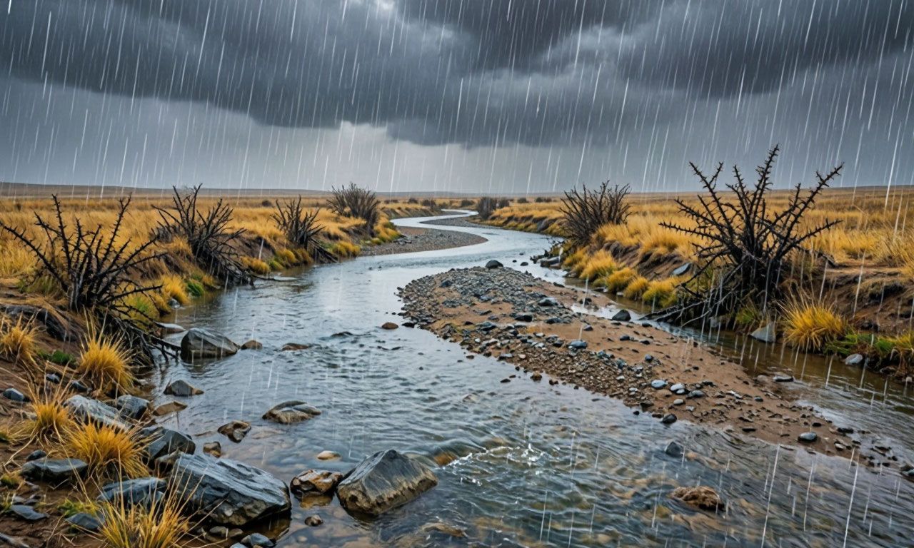 Дождь идёт, а река мелеет — парадокс меняющегося климата. Иллюстрация: ECOportal.su / ИИ