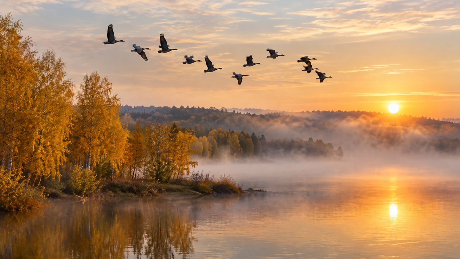 Осенний пейзаж с перелётными птицами в утренней дымке над водой. Иллюстрация: ECOportal.su / ИИ