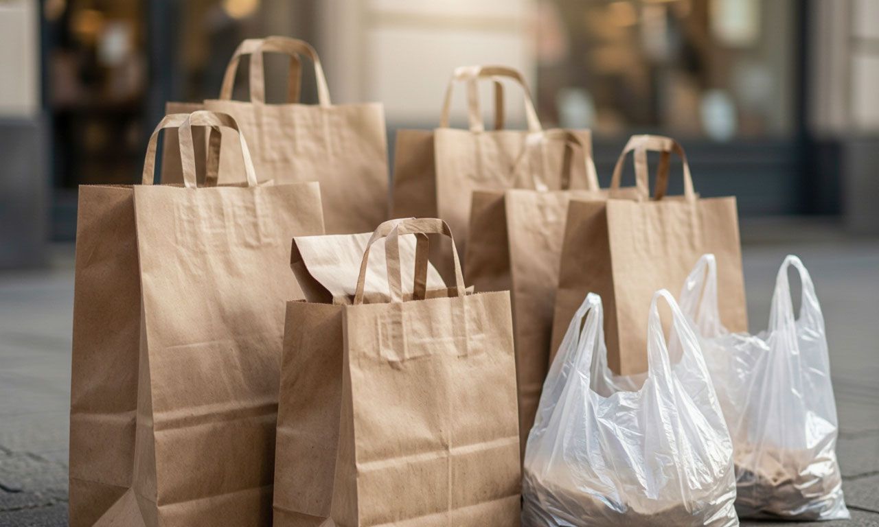 Бумажные пакеты — экологичная альтернатива пластику. Иллюстрация: ECOportal.su / ИИ