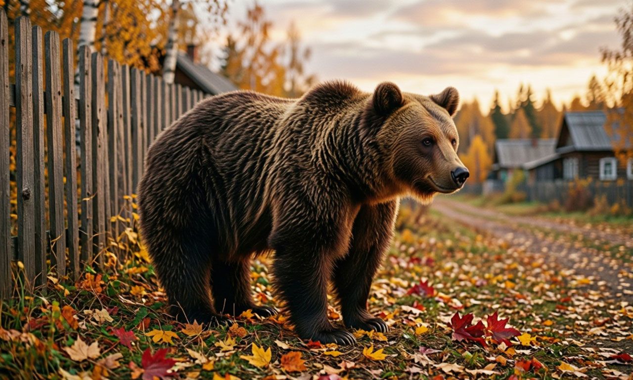 Осенний лес и зверь, вышедший к людям. Иллюстрация: ECOportal.su / ИИ
